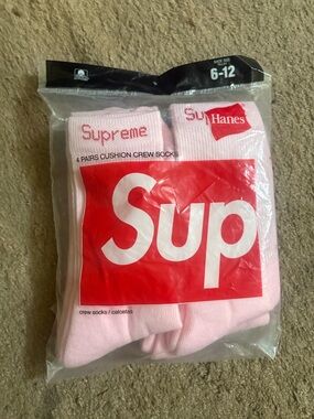 pink and white supreme socks